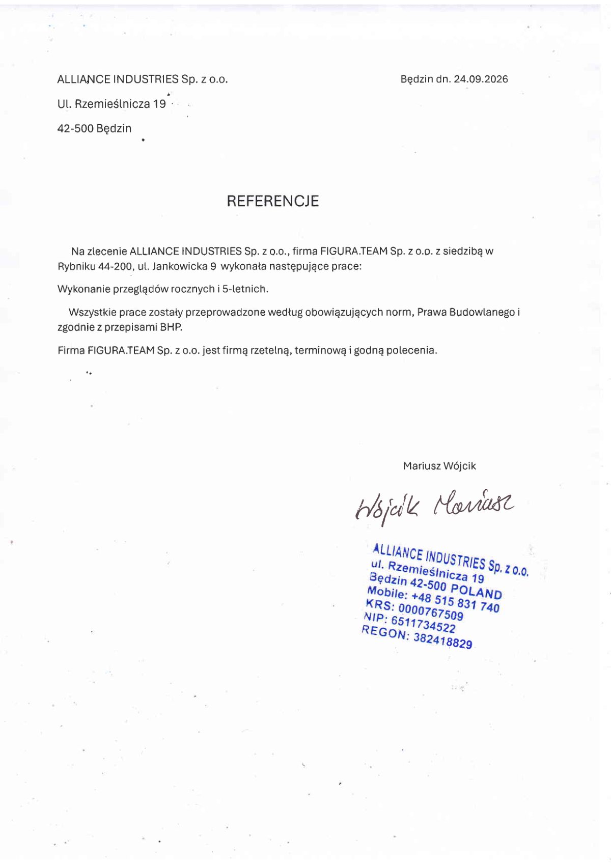 Pismo referencyjne: Alliance Industries Sp. z o.o., 2026