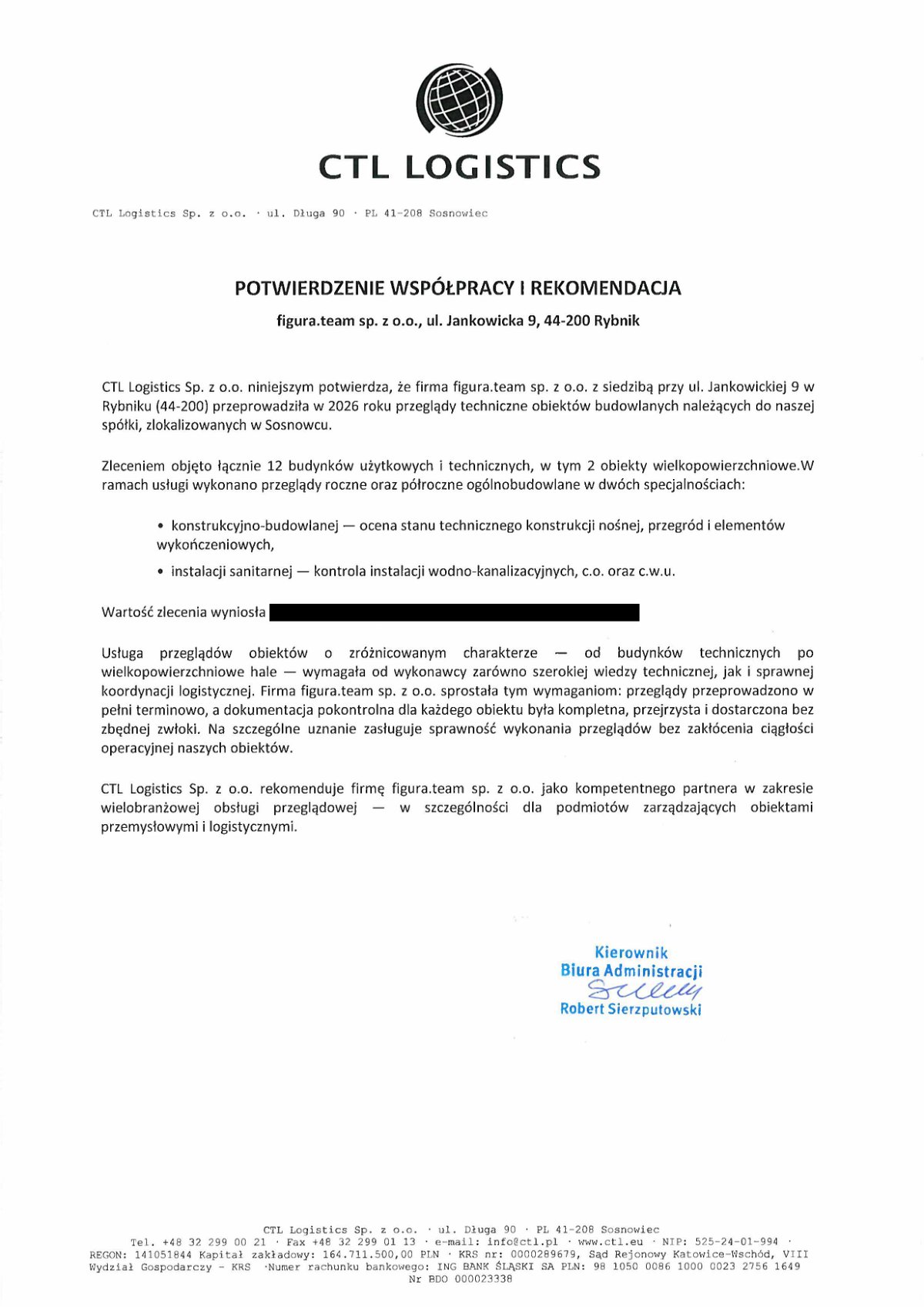 Pismo referencyjne: CTL Logistics Sp. z o.o., 2026