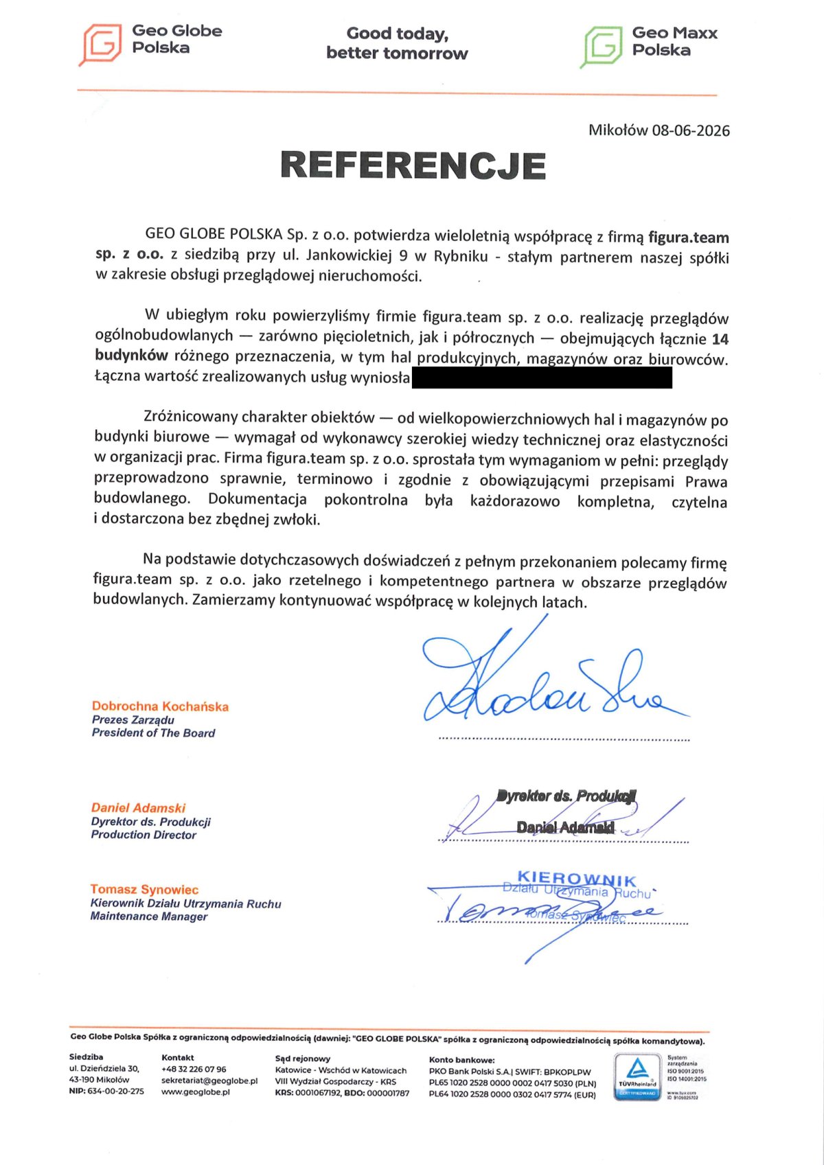 Pismo referencyjne: Geo Globe Polska Sp. z o.o., 2026