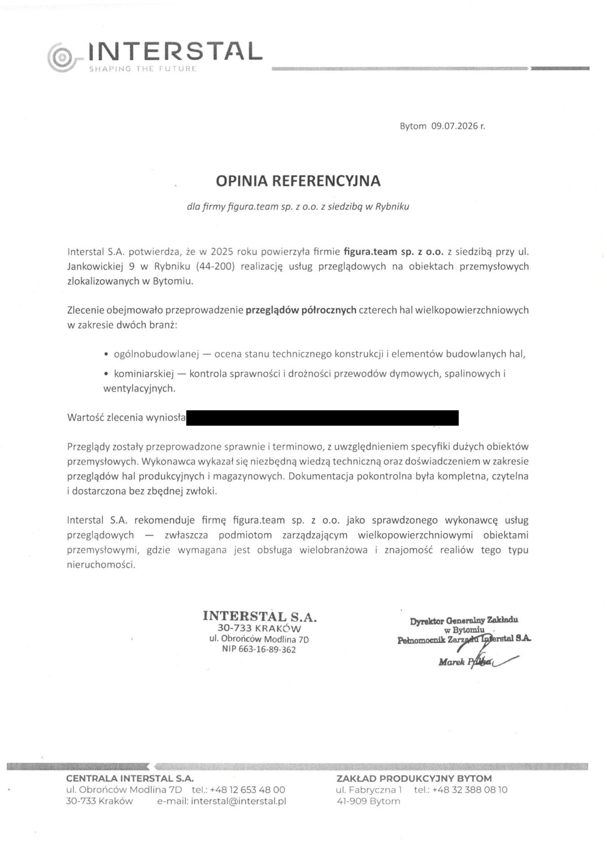 Pismo referencyjne: Interstal S.A., 2026