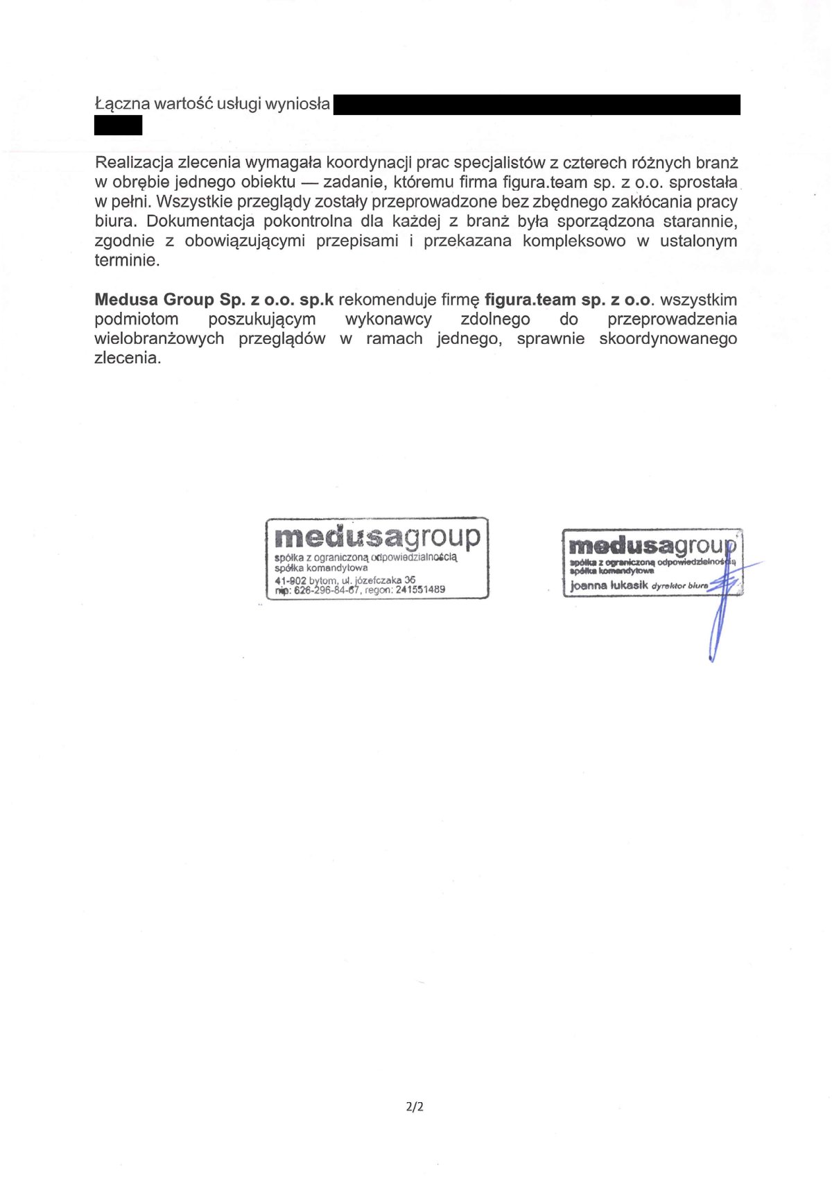 Pismo referencyjne: Medusa Group Sp. z o.o. Sp.K., 2026