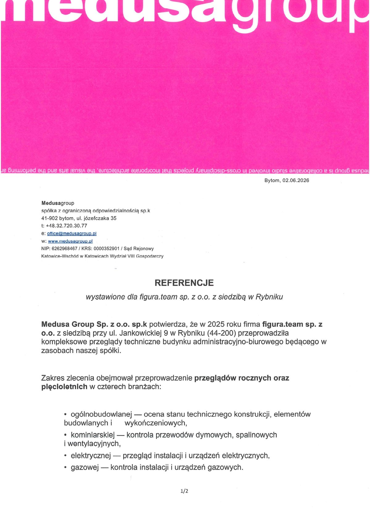 Pismo referencyjne: Medusa Group Sp. z o.o. Sp.K., 2026
