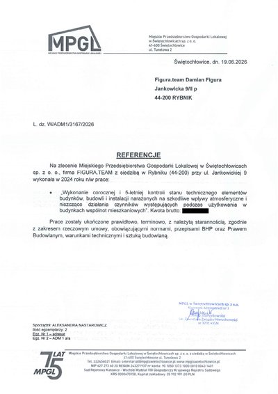 Pismo referencyjne: MPGLiM Świętochłowice Sp. z o.o.