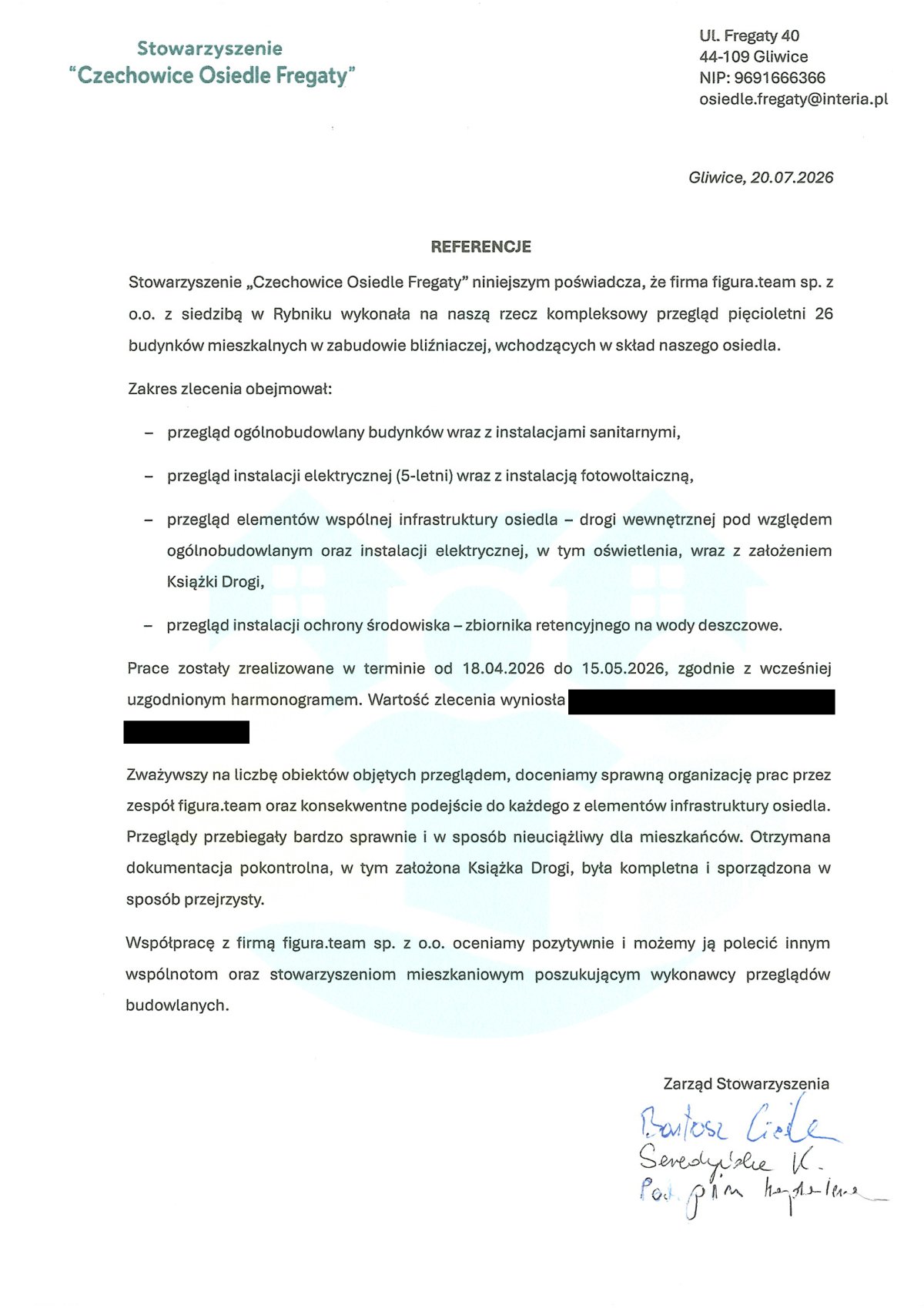 Pismo referencyjne: Stowarzyszenie „Czechowice Osiedle Fregaty”, 2026
