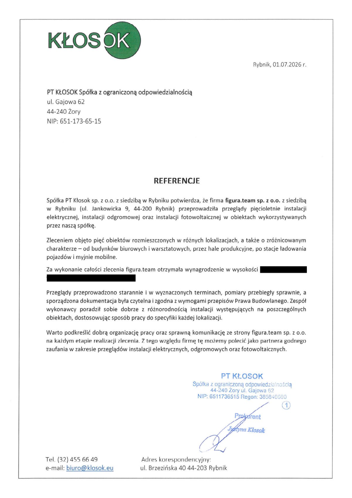Pismo referencyjne: PT Kłosok Sp. z o.o., 2026