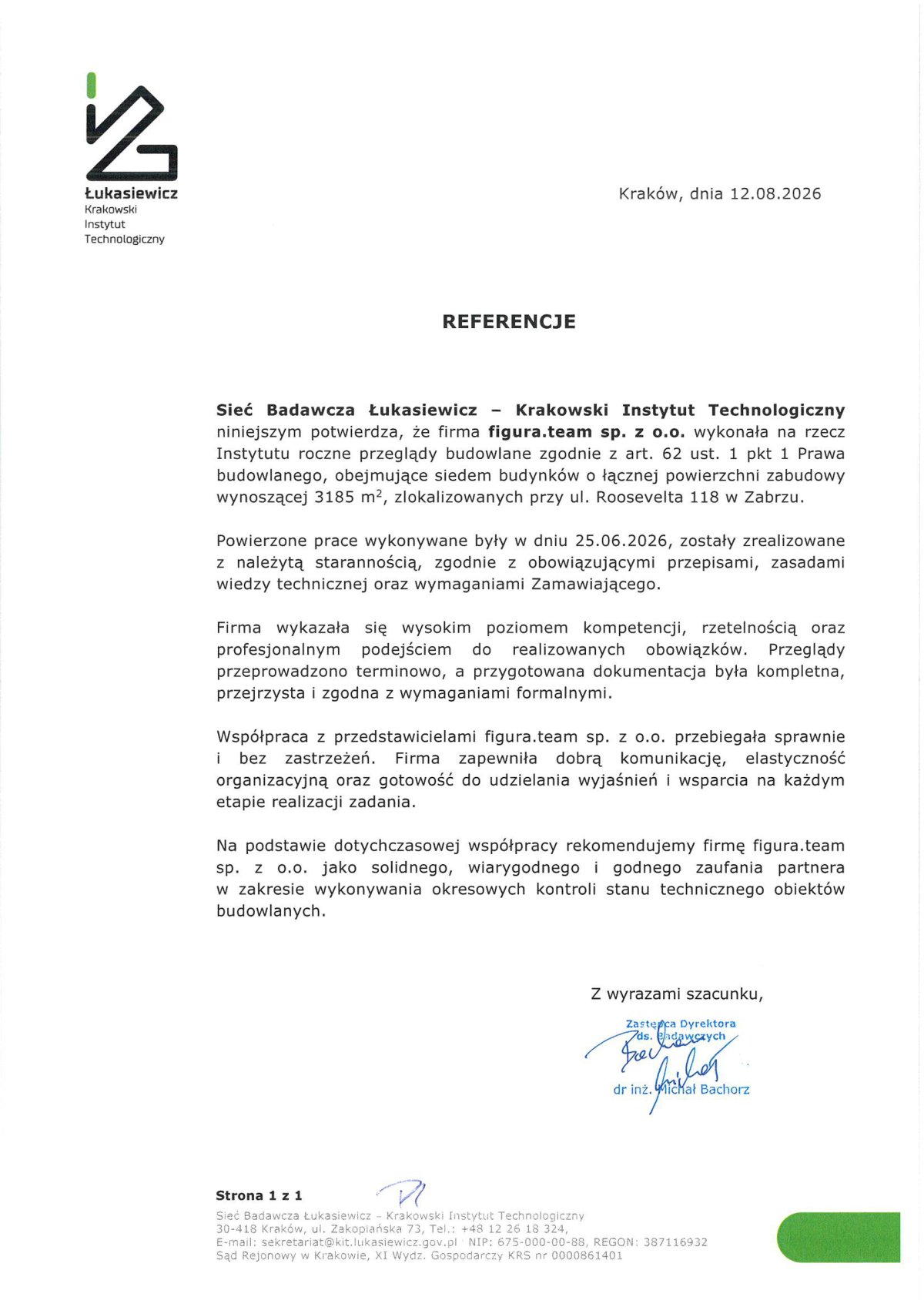 Pismo referencyjne: Łukasiewicz - Krakowski Instytut Technologiczny, 2026