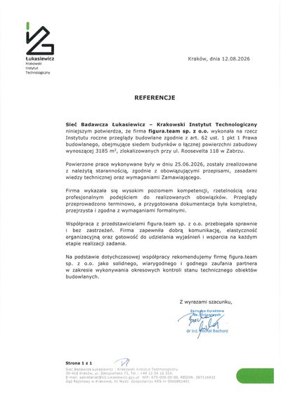 Pismo referencyjne: Łukasiewicz - Krakowski Instytut Technologiczny
