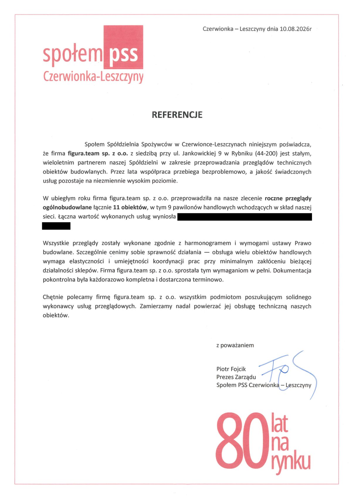 Pismo referencyjne: Społem PSS Czerwionka-Leszczyny, 2026