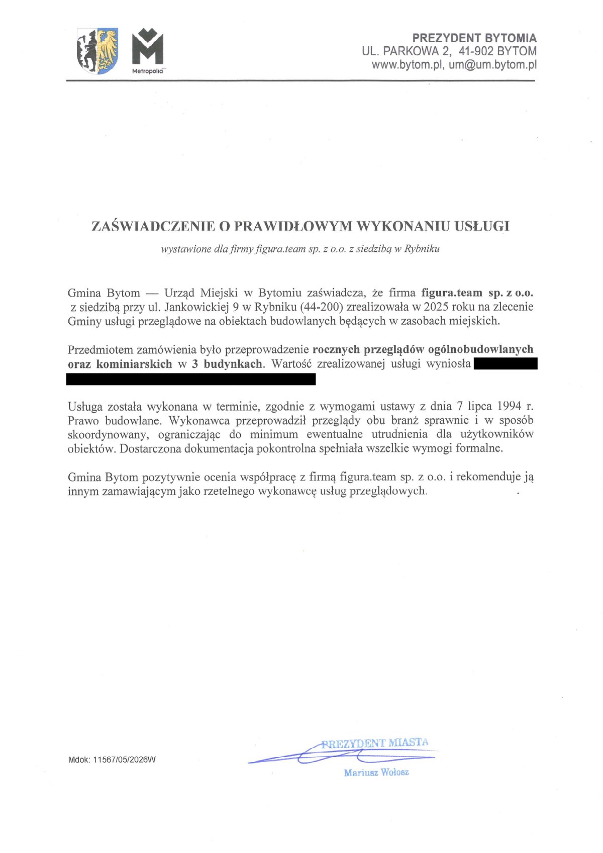 Pismo referencyjne: Urząd Miejski w Bytomiu, 2026
