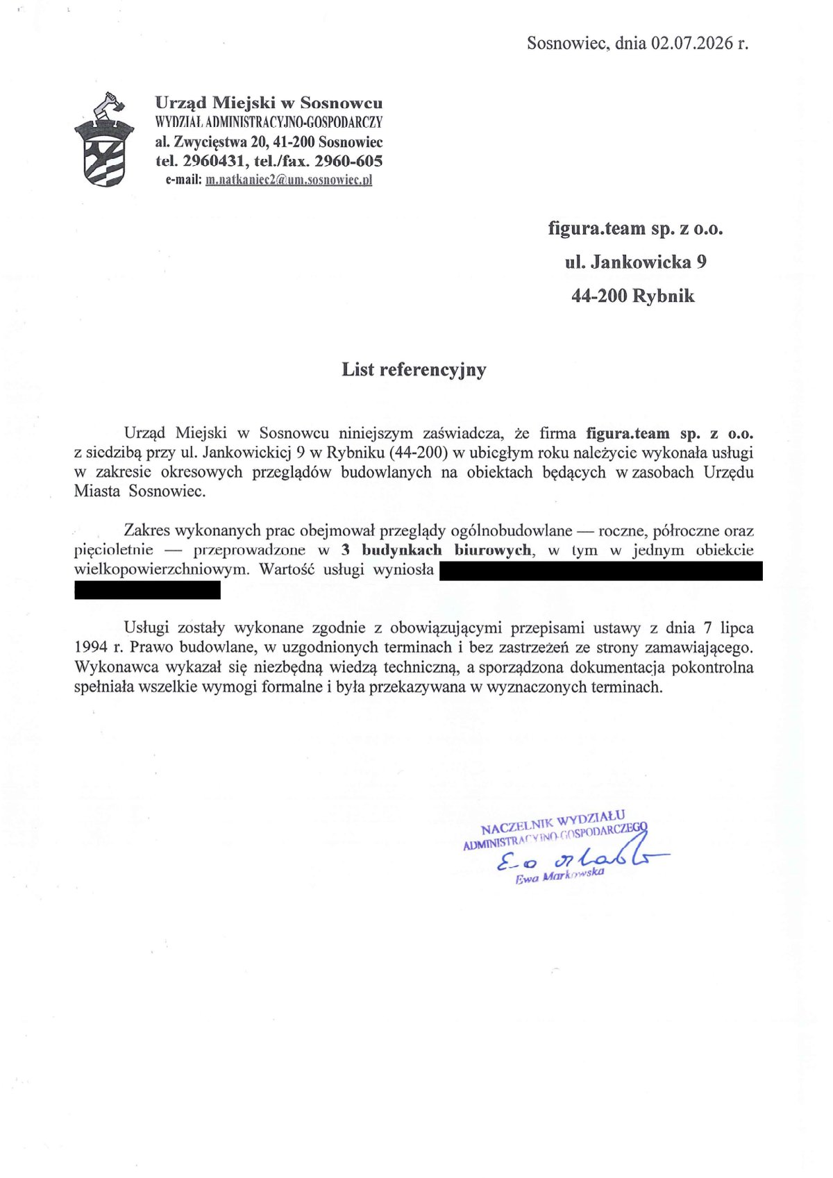 Pismo referencyjne: Urząd Miejski w Sosnowcu, 2026
