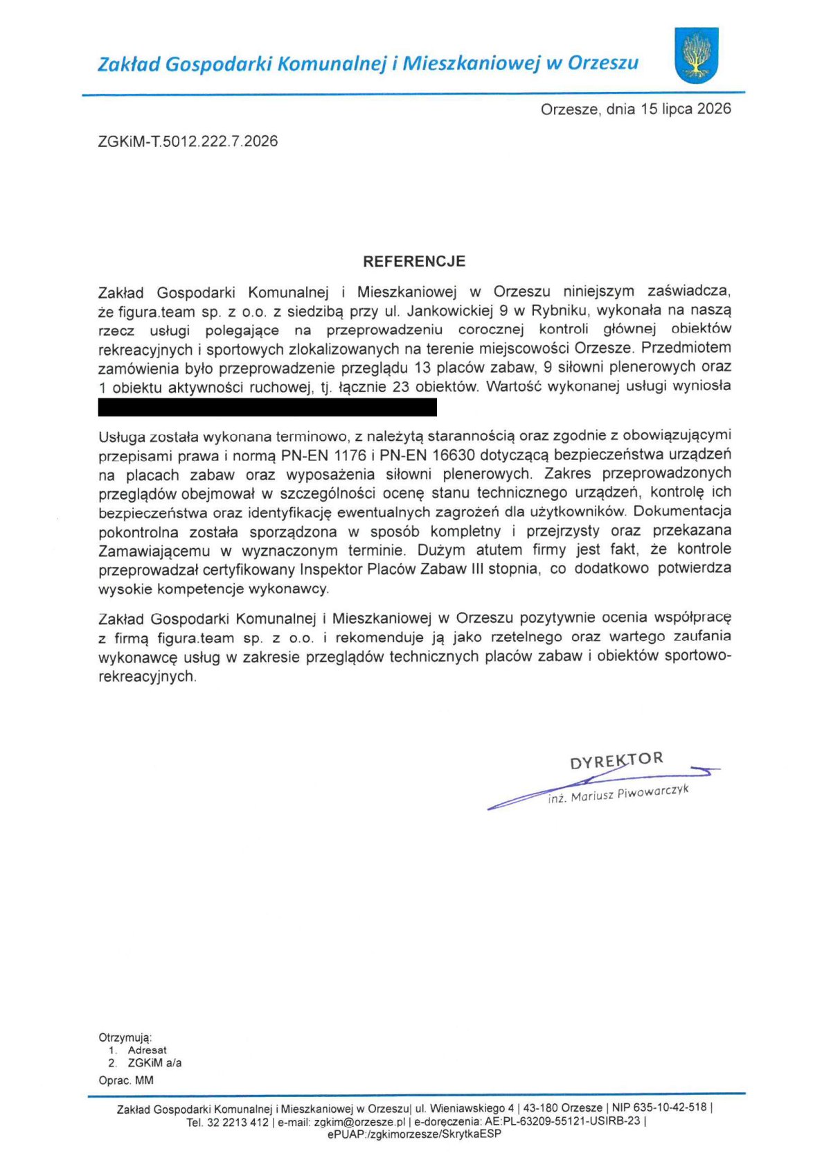 Pismo referencyjne: ZGKiM w Orzeszu, 2026