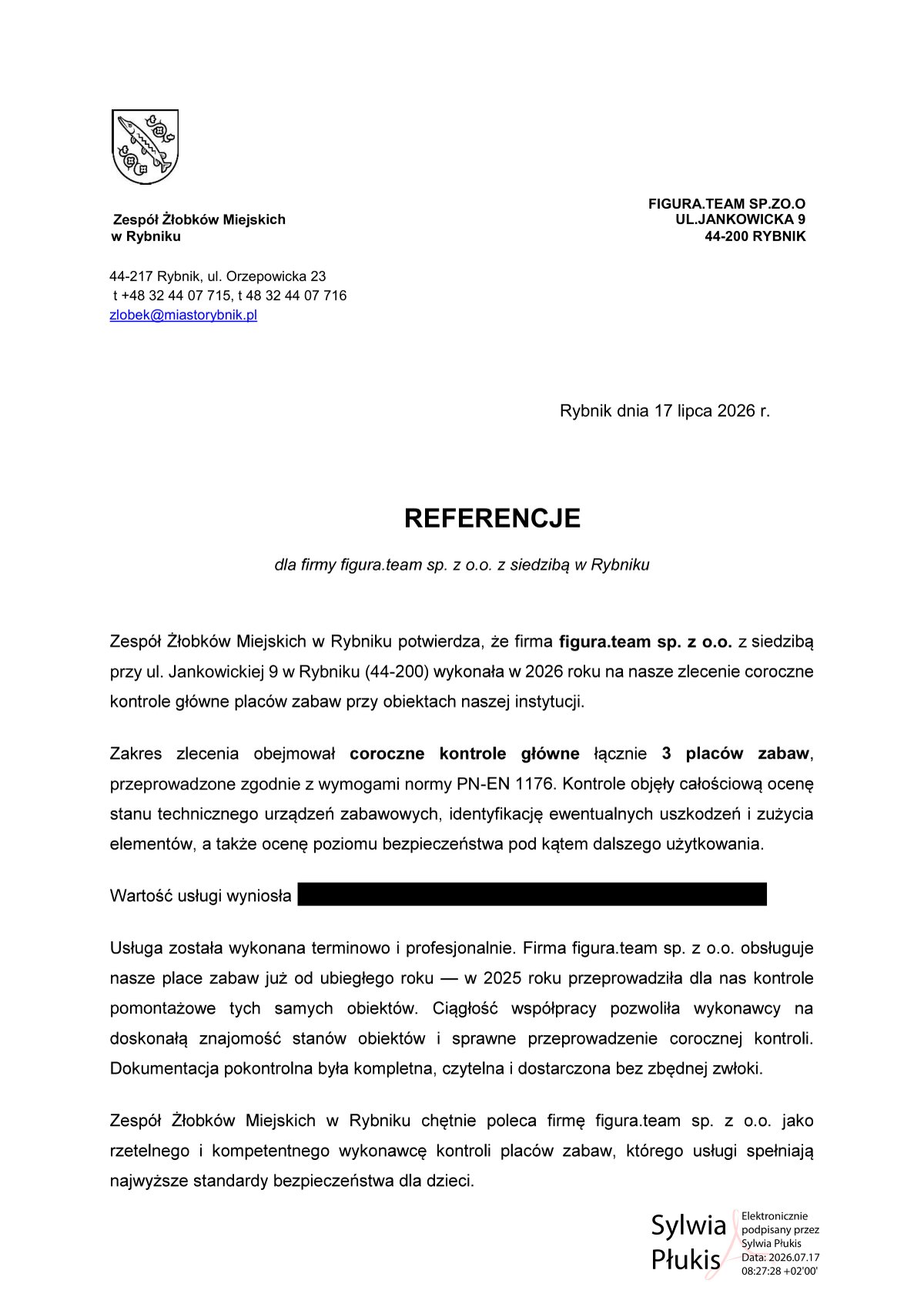 Pismo referencyjne: Zespół Żłobków Miejskich w Rybniku, 2026