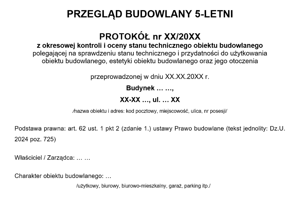 Co zawiera protokół z przeglądu 5-letniego ogólnobudowlanego - czołówka protokołu